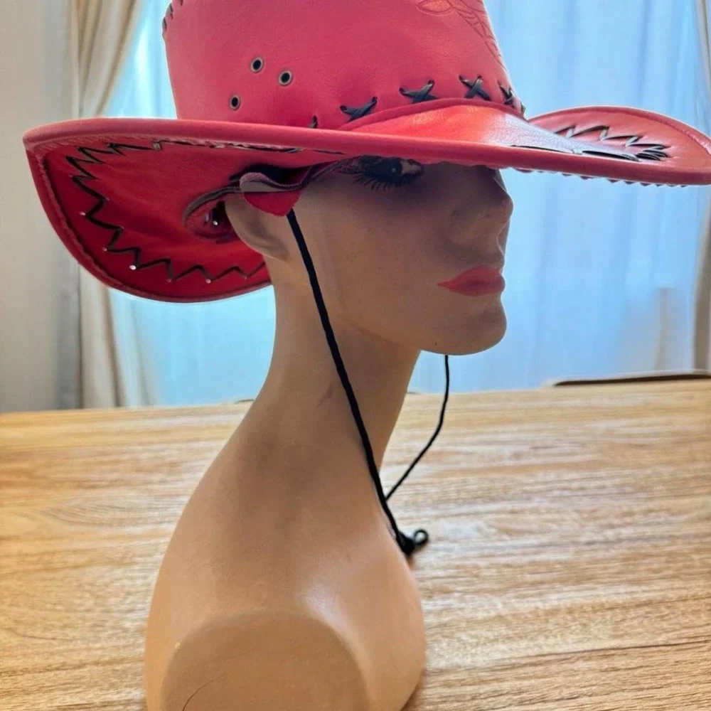 Vintage Red Faux Leather Cowboy Hat Bull Head Embossed Black Lace Trim